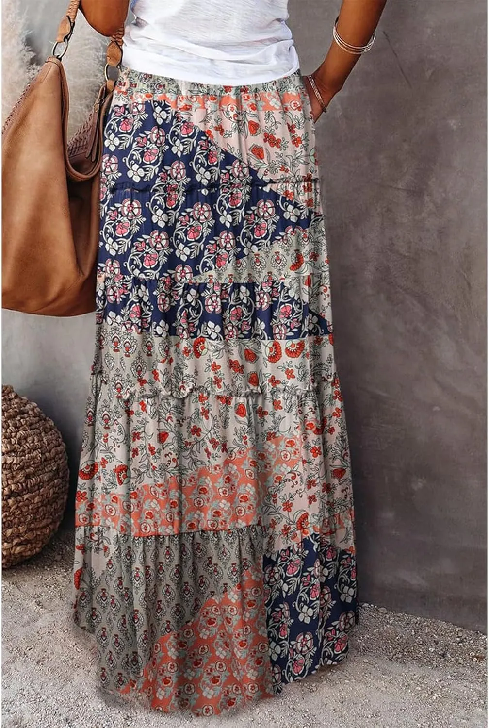 fanmpghleoo Maxi Skirt with Pocket for Women 2025 Boho Tiered Flowy Long Skirt Summer Casual Drawstring High Waisted Skirts