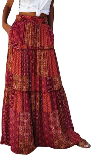 fanmpghleoo Maxi Skirt with Pocket for Women 2025 Boho Tiered Flowy Long Skirt Summer Casual Drawstring High Waisted Skirts