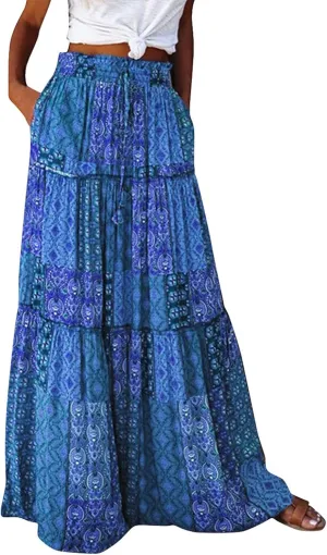 fanmpghleoo Maxi Skirt with Pocket for Women 2025 Boho Tiered Flowy Long Skirt Summer Casual Drawstring High Waisted Skirts