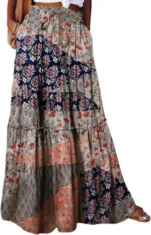 fanmpghleoo Maxi Skirt with Pocket for Women 2025 Boho Tiered Flowy Long Skirt Summer Casual Drawstring High Waisted Skirts