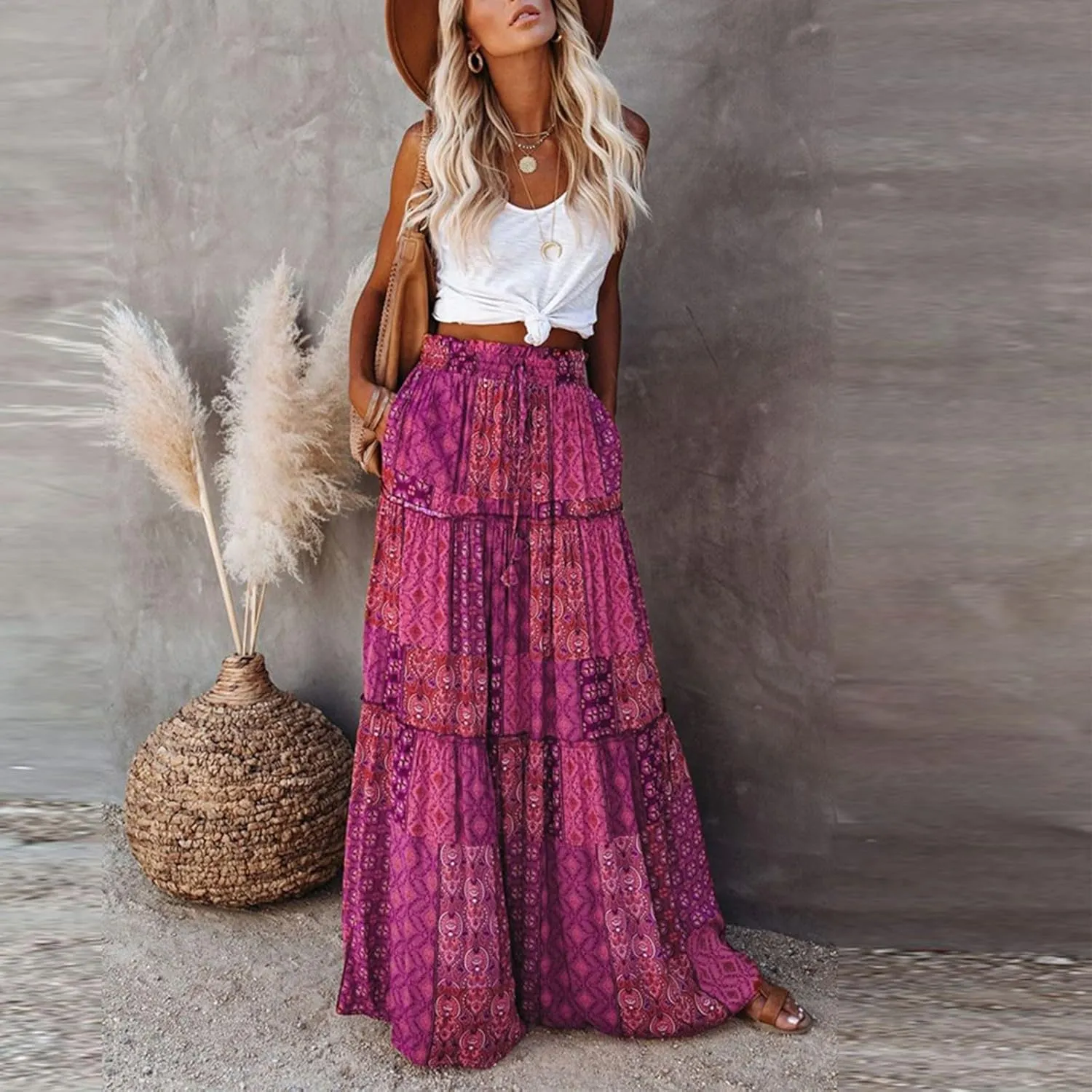 fanmpghleoo Maxi Skirt with Pocket for Women 2025 Boho Tiered Flowy Long Skirt Summer Casual Drawstring High Waisted Skirts