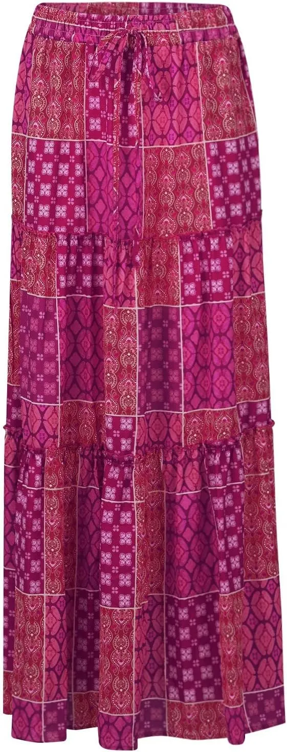 fanmpghleoo Maxi Skirt with Pocket for Women 2025 Boho Tiered Flowy Long Skirt Summer Casual Drawstring High Waisted Skirts