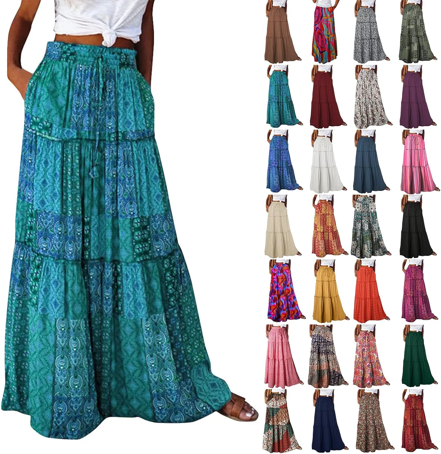 fanmpghleoo Maxi Skirt with Pocket for Women 2025 Boho Tiered Flowy Long Skirt Summer Casual Drawstring High Waisted Skirts
