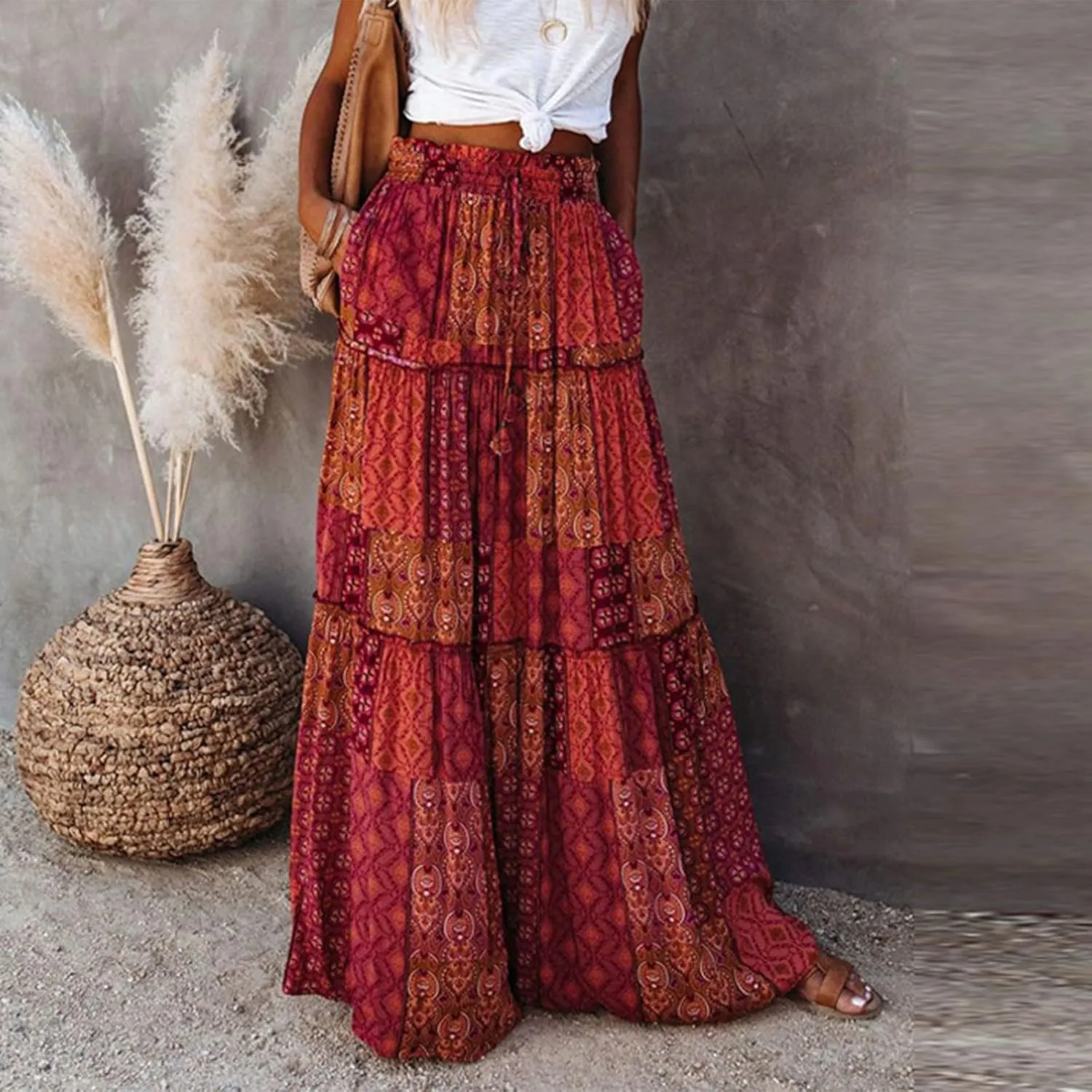 fanmpghleoo Maxi Skirt with Pocket for Women 2025 Boho Tiered Flowy Long Skirt Summer Casual Drawstring High Waisted Skirts