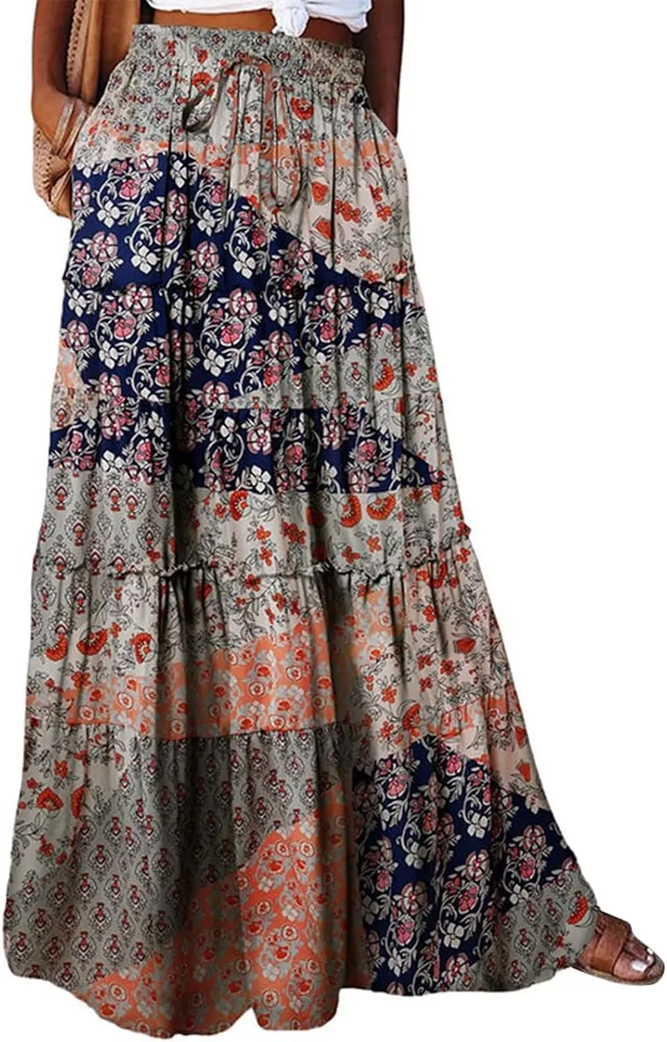 fanmpghleoo Maxi Skirt with Pocket for Women 2025 Boho Tiered Flowy Long Skirt Summer Casual Drawstring High Waisted Skirts
