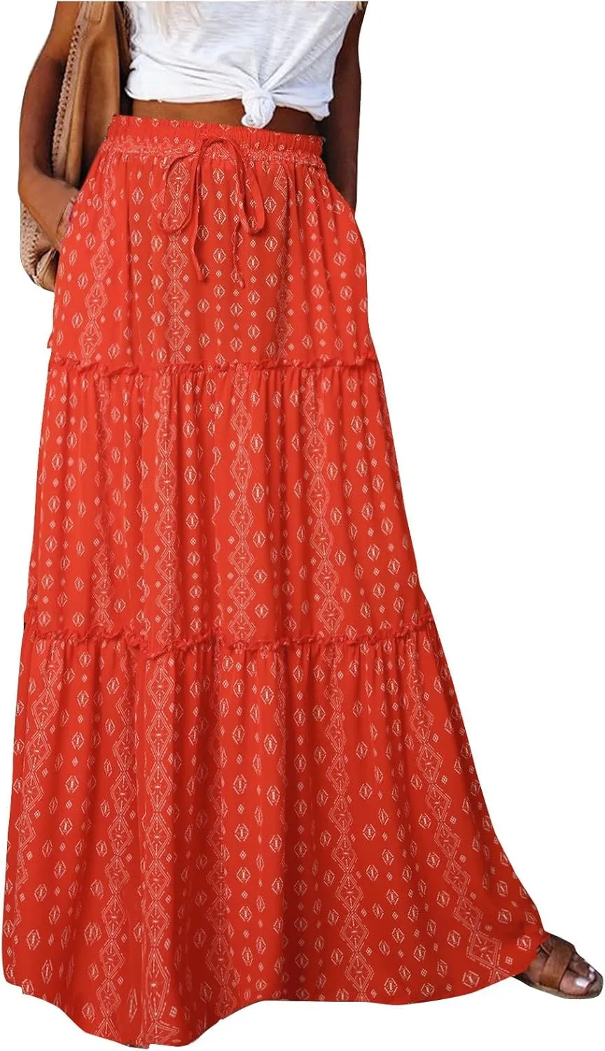 fanmpghleoo Maxi Skirt with Pocket for Women 2025 Boho Tiered Flowy Long Skirt Summer Casual Drawstring High Waisted Skirts