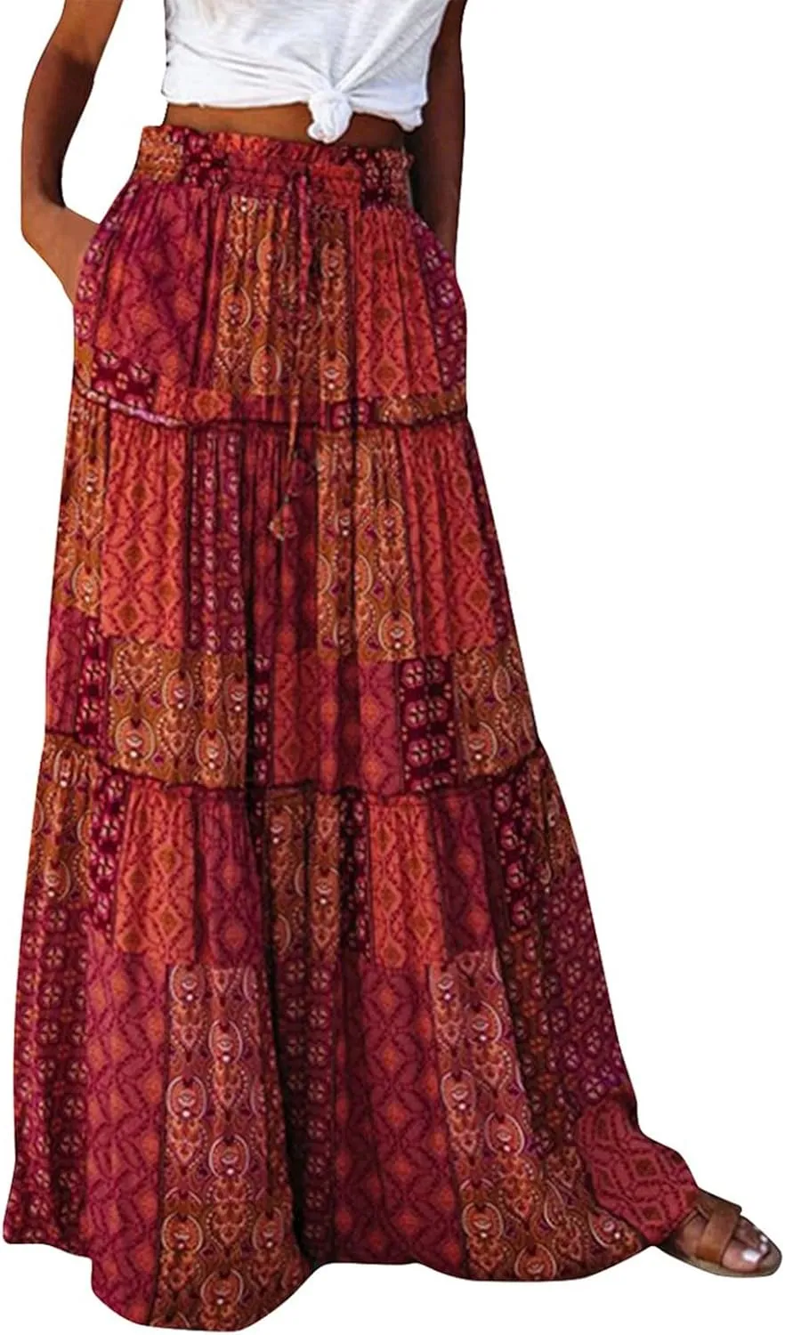 fanmpghleoo Maxi Skirt with Pocket for Women 2025 Boho Tiered Flowy Long Skirt Summer Casual Drawstring High Waisted Skirts