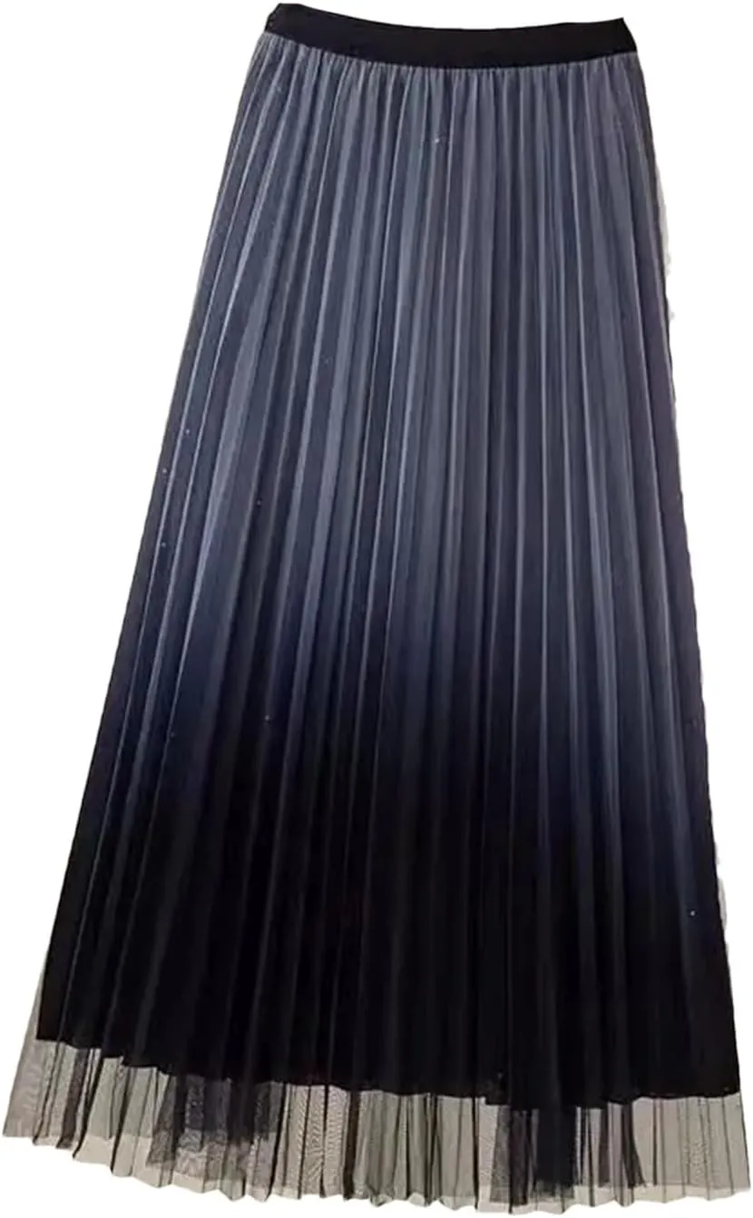Fashion Gradient Pleated Mesh Skirt Women Elastic High Waist Casual A-Line Party Midi Long Skirt