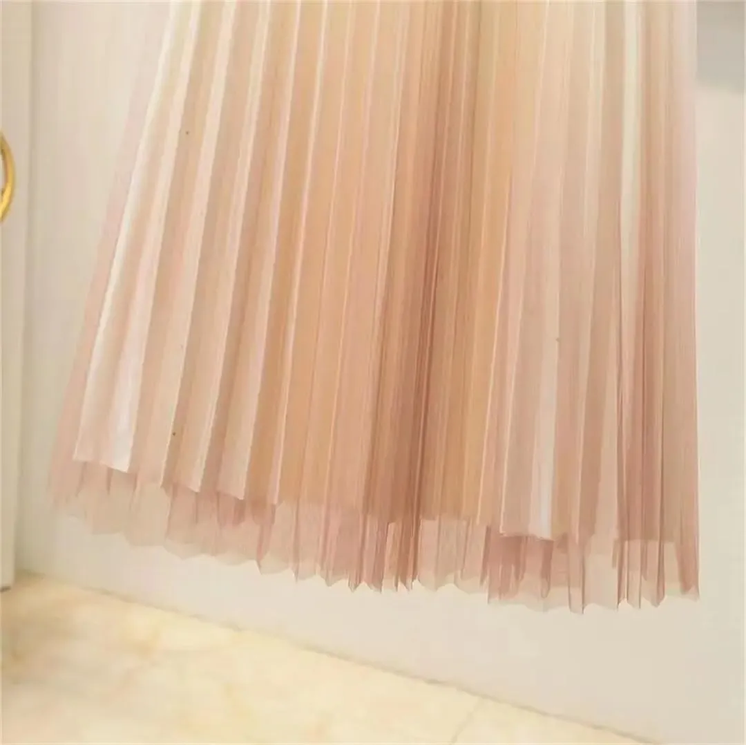 Fashion Gradient Pleated Mesh Skirt Women Elastic High Waist Casual A-Line Party Midi Long Skirt