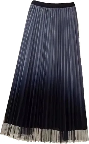 Fashion Gradient Pleated Mesh Skirt Women Elastic High Waist Casual A-Line Party Midi Long Skirt