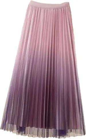 Fashion Gradient Pleated Mesh Skirt Women Elastic High Waist Casual A-Line Party Midi Long Skirt