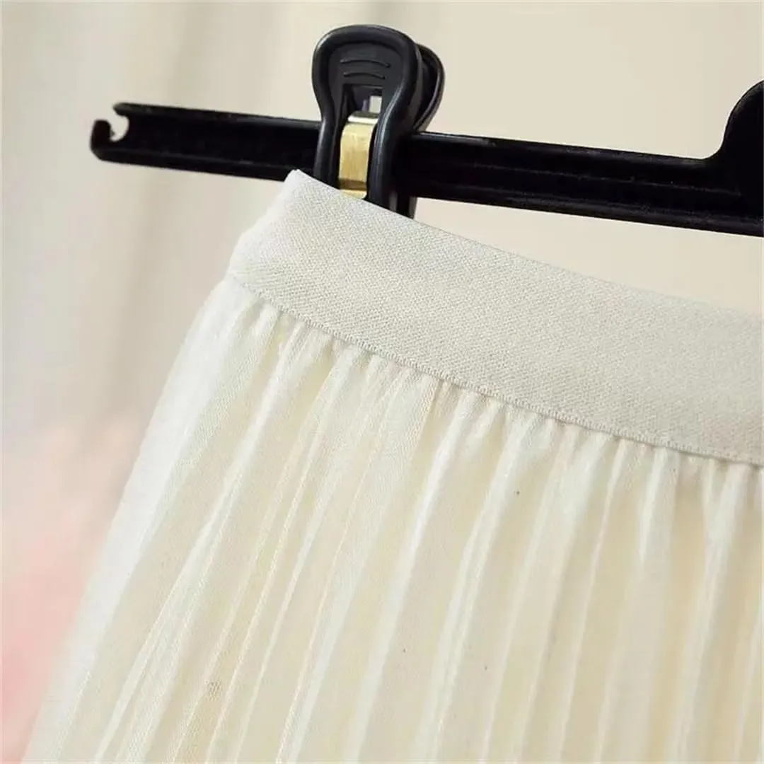 Fashion Gradient Pleated Mesh Skirt Women Elastic High Waist Casual A-Line Party Midi Long Skirt