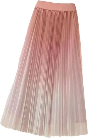 Fashion Gradient Pleated Mesh Skirt Women Elastic High Waist Casual A-Line Party Midi Long Skirt