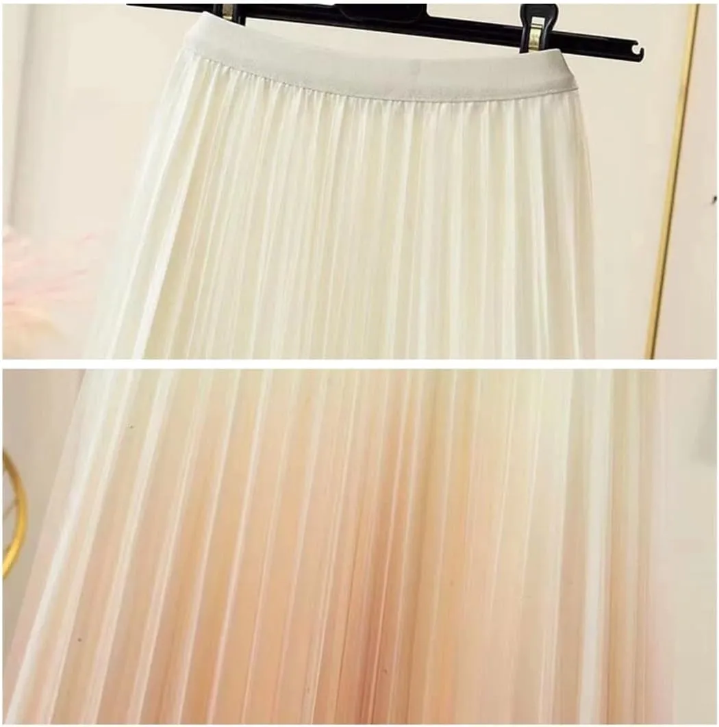 Fashion Gradient Pleated Mesh Skirt Women Elastic High Waist Casual A-Line Party Midi Long Skirt