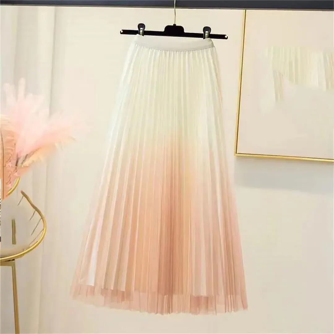 Fashion Gradient Pleated Mesh Skirt Women Elastic High Waist Casual A-Line Party Midi Long Skirt