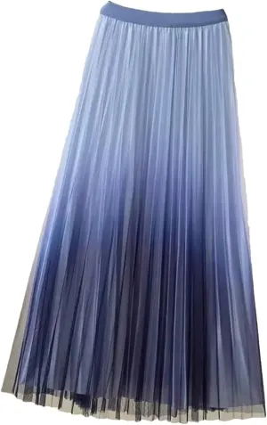 Fashion Gradient Pleated Mesh Skirt Women Elastic High Waist Casual A-Line Party Midi Long Skirt