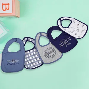 Feeding Bibs Pack Of 5 Born To Fly Co-Pilot Blue White Grey