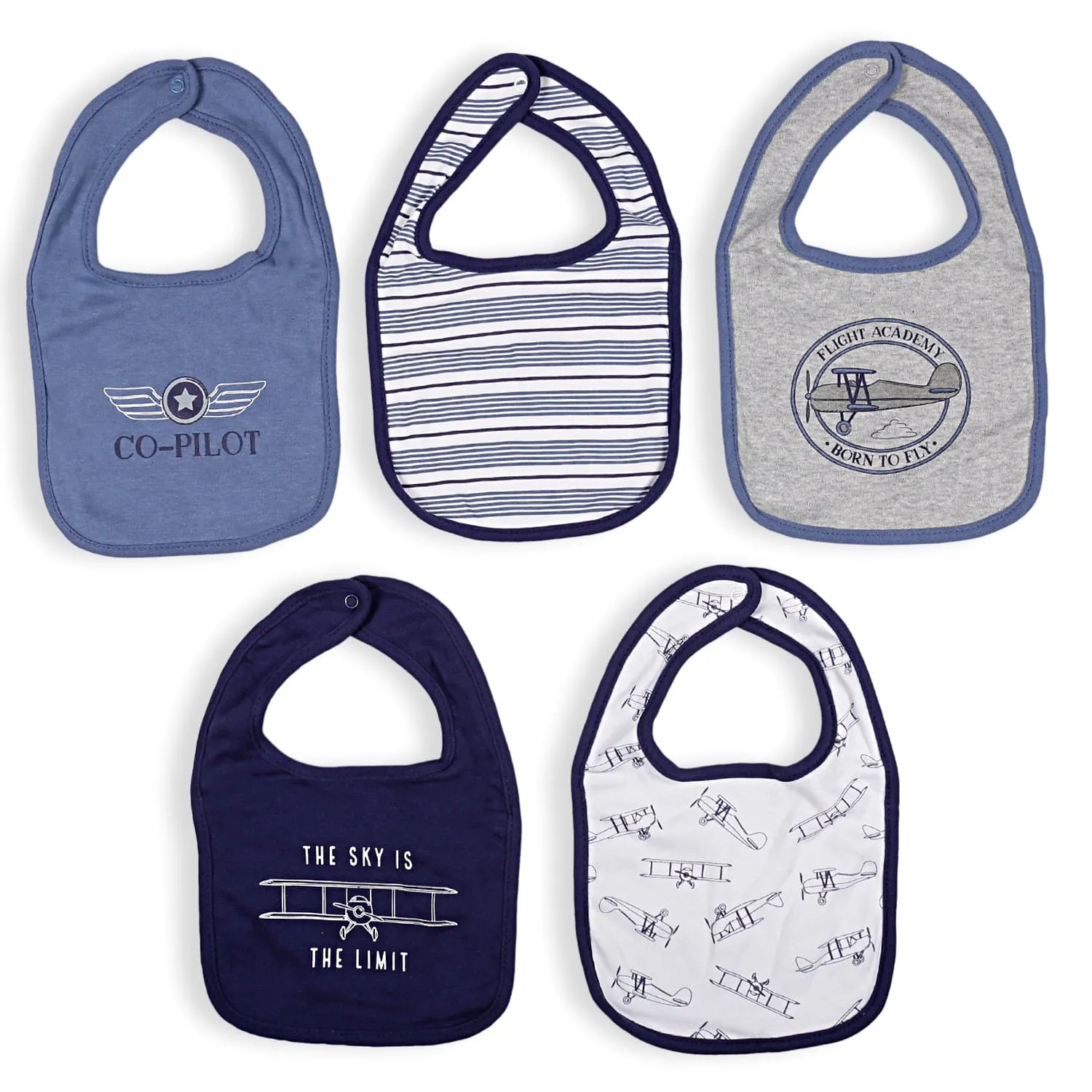 Feeding Bibs Pack Of 5 Born To Fly Co-Pilot Blue White Grey