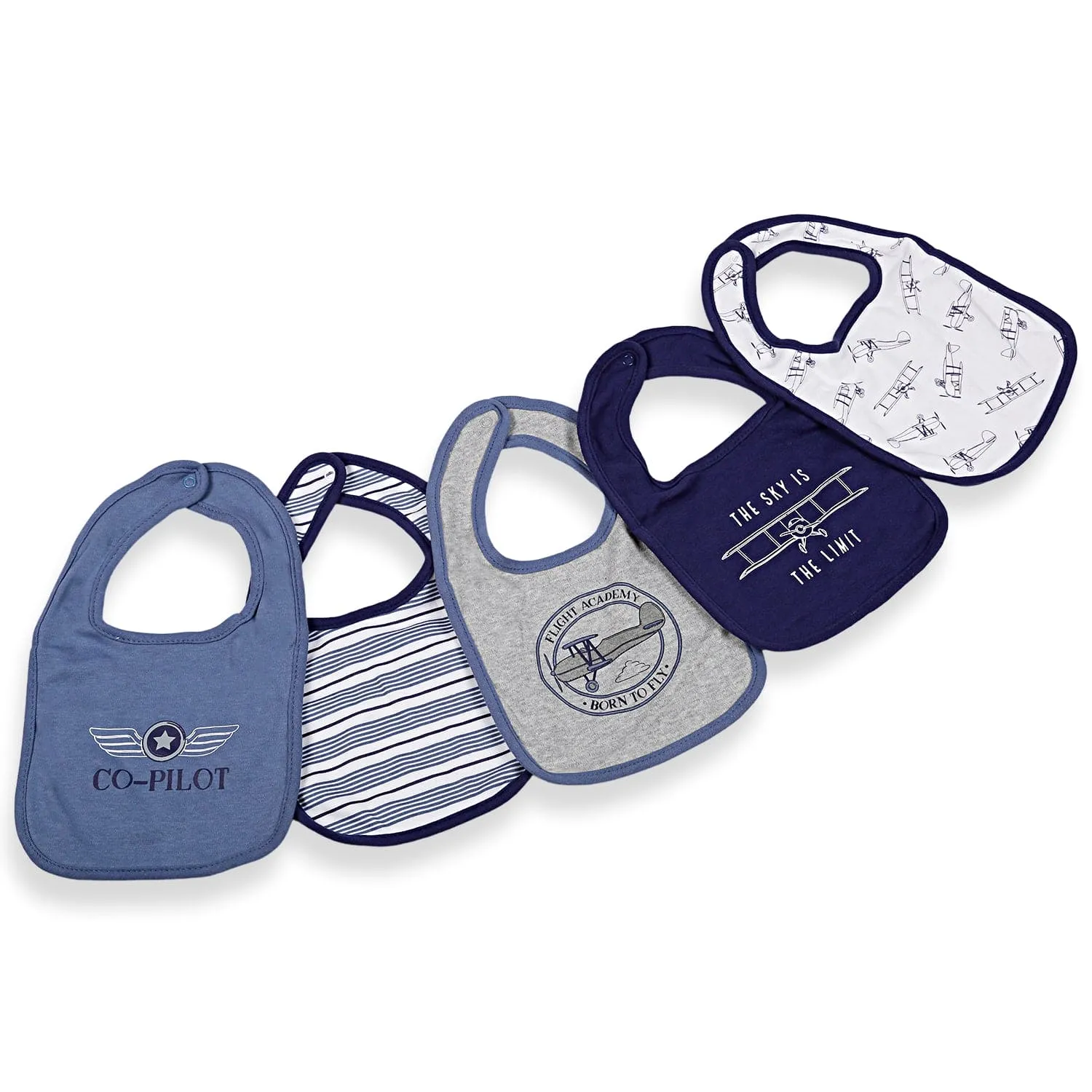 Feeding Bibs Pack Of 5 Born To Fly Co-Pilot Blue White Grey