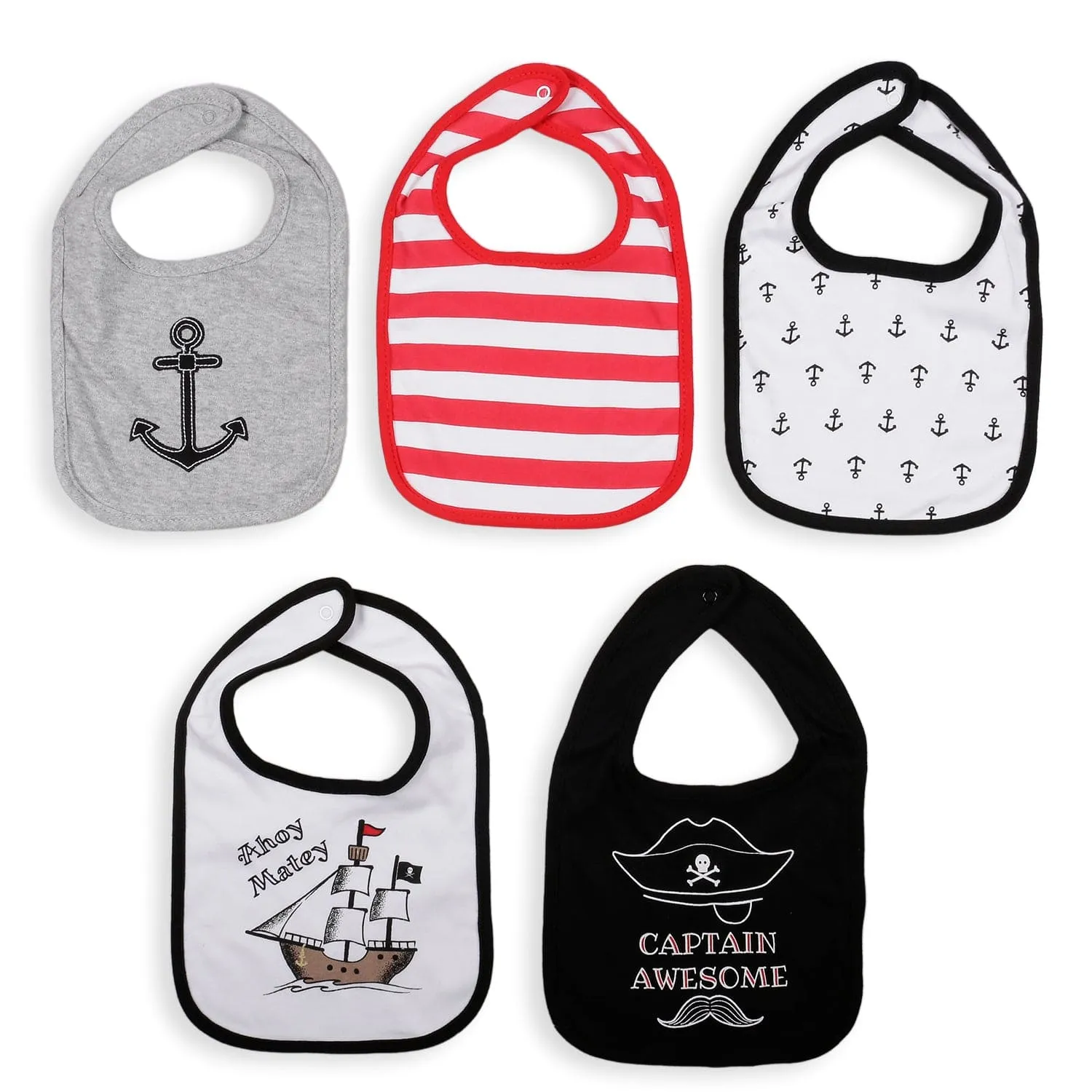 Feeding Bibs Pack Of 5 Captain Of The Ship White Black Red