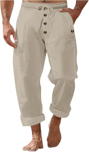 Finelylove Mens Casual Summer Linen Pants Relaxed Fit Button Beach Pants Elastic Waist Drawstring Long Lounge Yoga Trousers