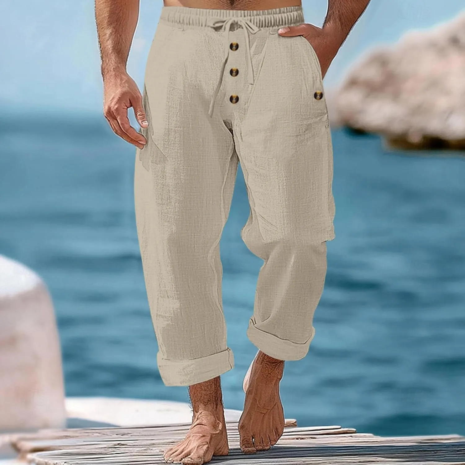 Finelylove Mens Casual Summer Linen Pants Relaxed Fit Button Beach Pants Elastic Waist Drawstring Long Lounge Yoga Trousers