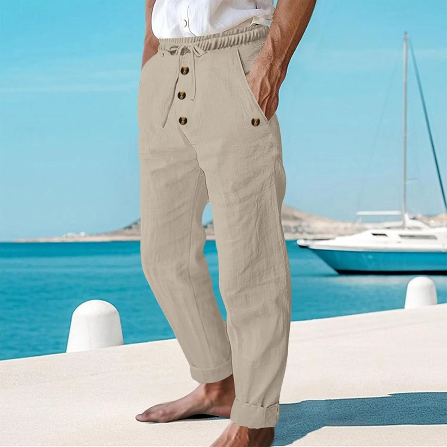 Finelylove Mens Casual Summer Linen Pants Relaxed Fit Button Beach Pants Elastic Waist Drawstring Long Lounge Yoga Trousers