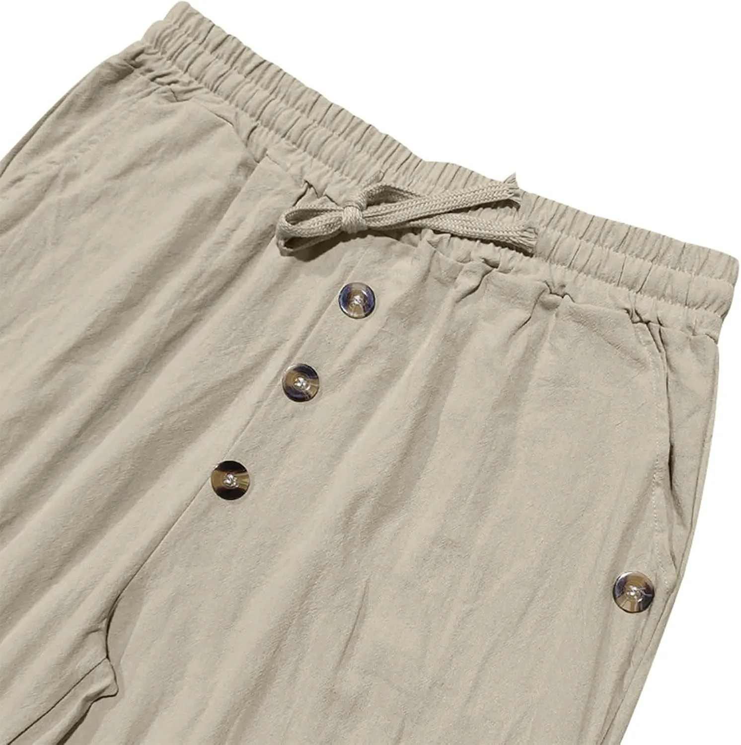 Finelylove Mens Casual Summer Linen Pants Relaxed Fit Button Beach Pants Elastic Waist Drawstring Long Lounge Yoga Trousers