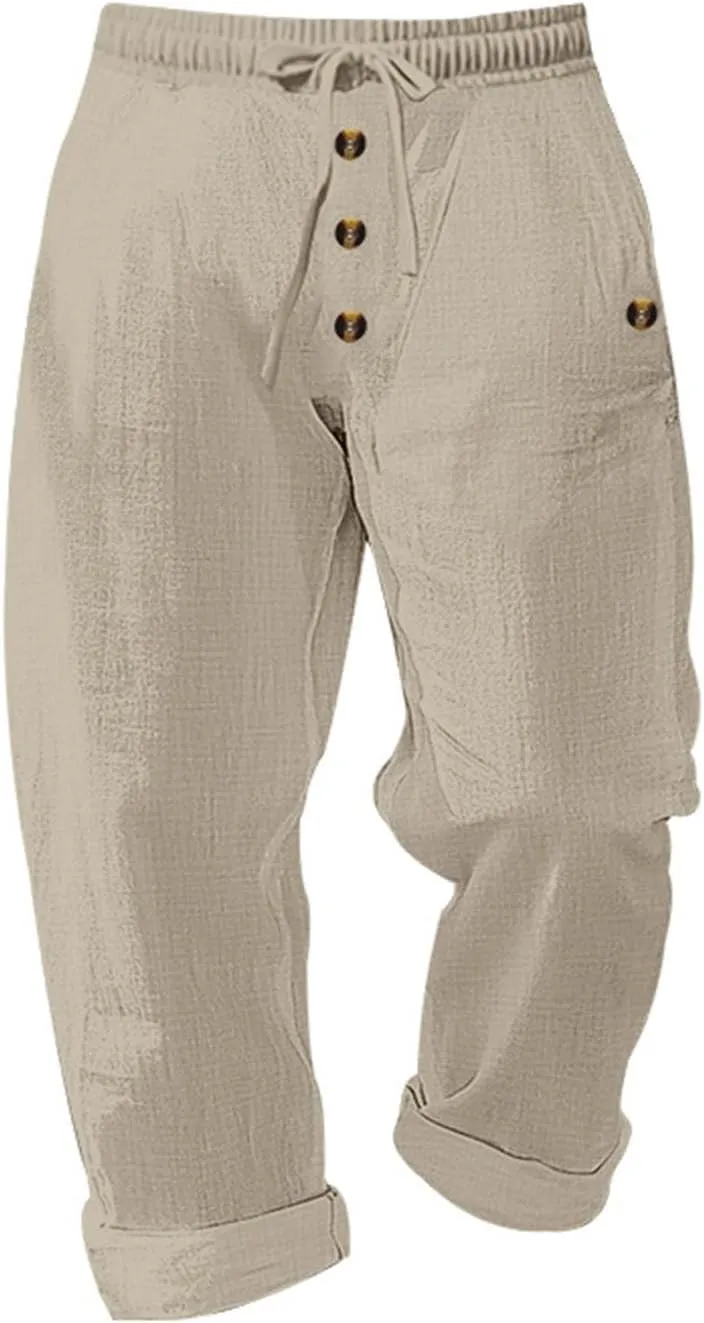 Finelylove Mens Casual Summer Linen Pants Relaxed Fit Button Beach Pants Elastic Waist Drawstring Long Lounge Yoga Trousers