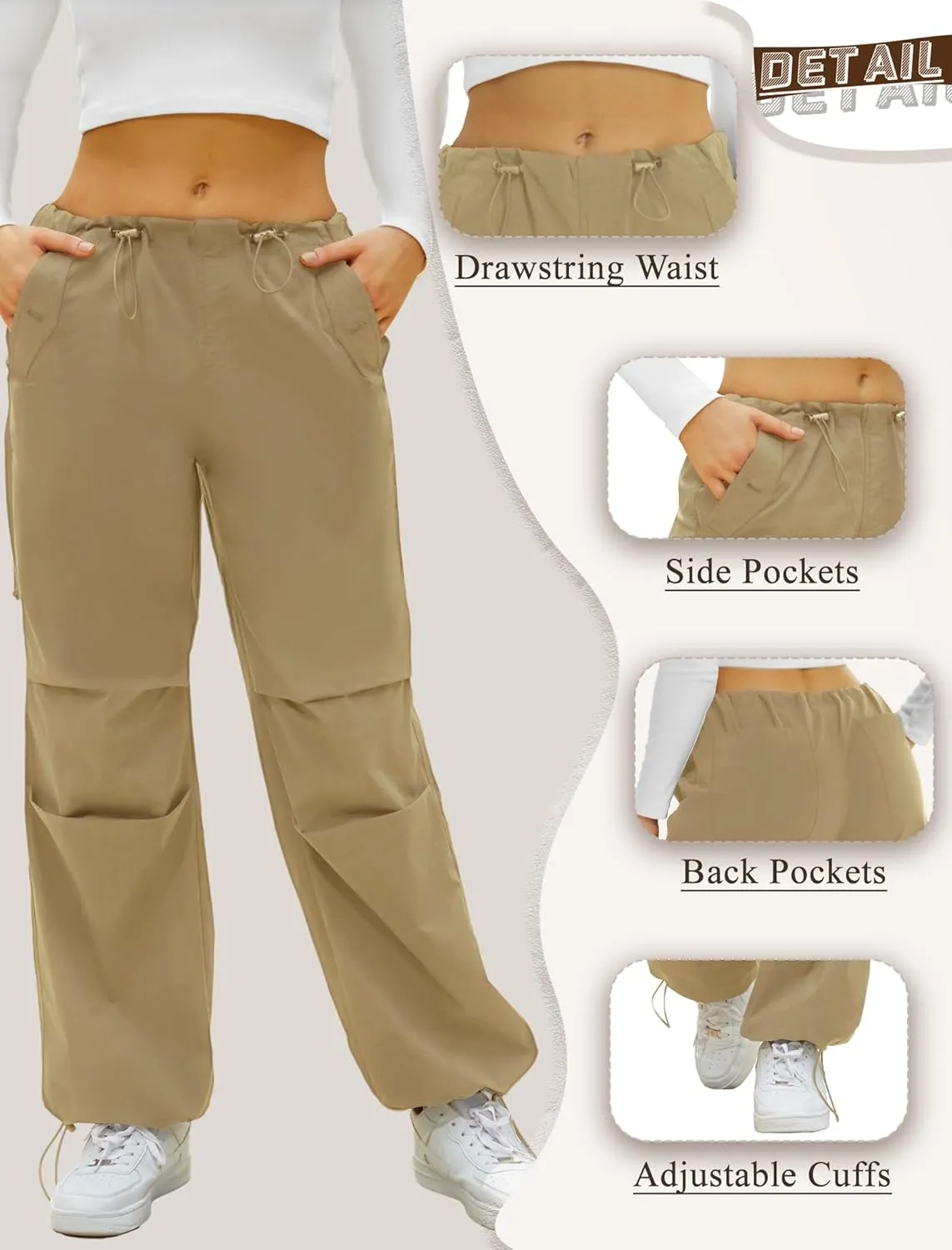 FireSwan Women's Parachute Pants Baggy Cargo Pants Wide Leg Y2K Pants with 4 Pockets Outdoor Travel Casual Hiking