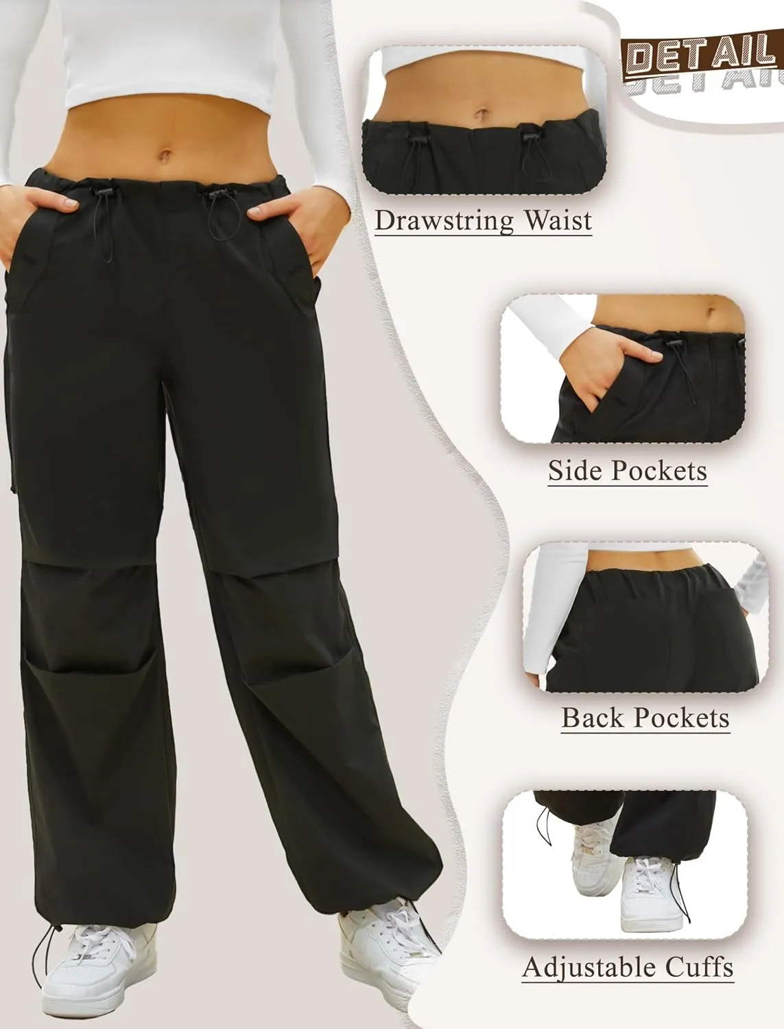 FireSwan Women's Parachute Pants Baggy Cargo Pants Wide Leg Y2K Pants with 4 Pockets Outdoor Travel Casual Hiking