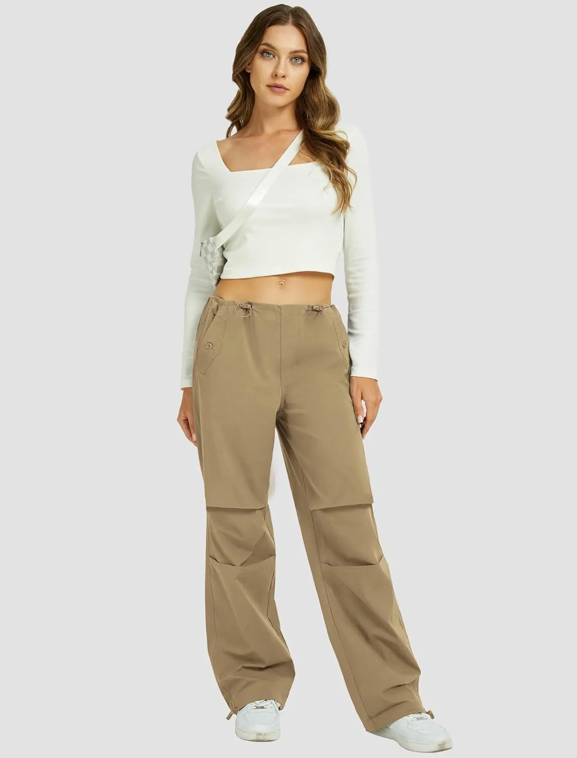 FireSwan Women's Parachute Pants Baggy Cargo Pants Wide Leg Y2K Pants with 4 Pockets Outdoor Travel Casual Hiking