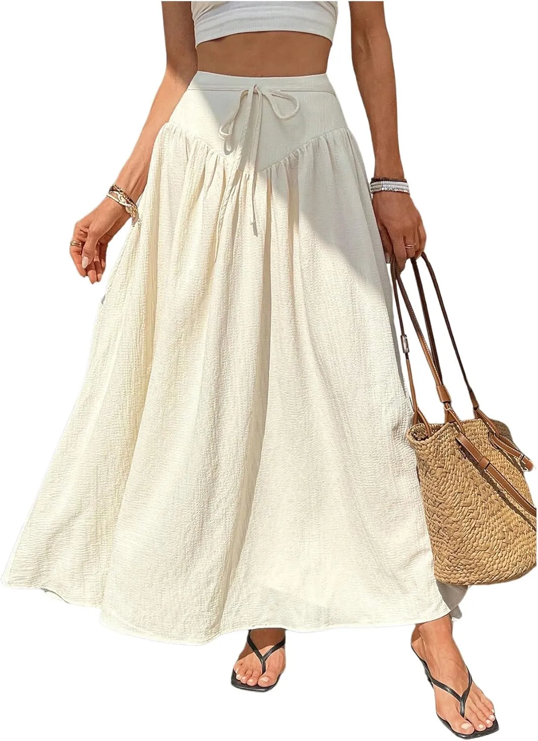 Floerns Women's High Waisted Tie Front Flowy Skirt Vacation Casual Maxi Skirts