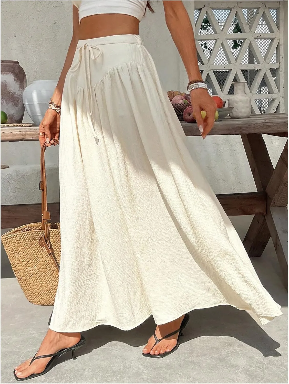 Floerns Women's High Waisted Tie Front Flowy Skirt Vacation Casual Maxi Skirts
