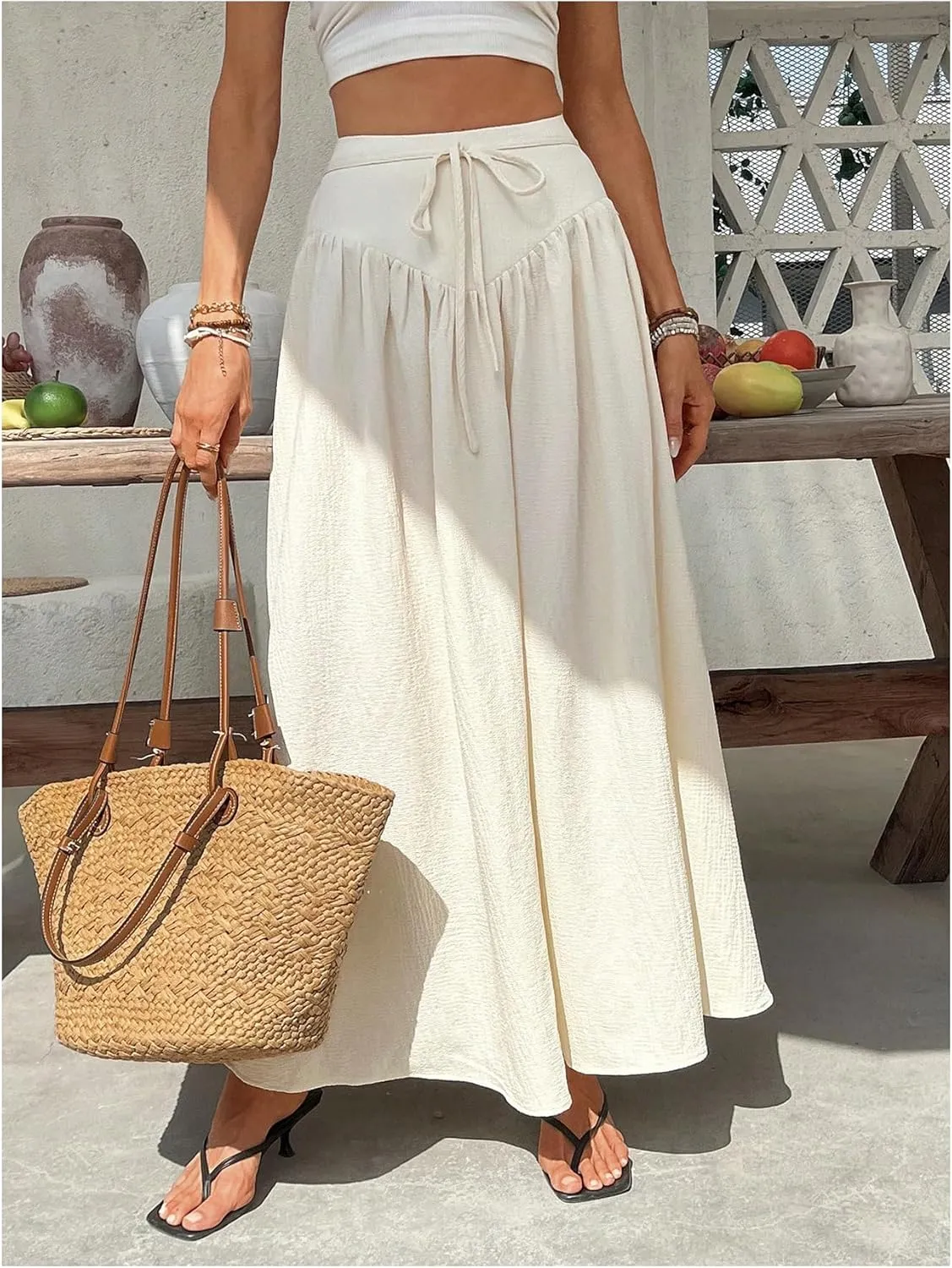 Floerns Women's High Waisted Tie Front Flowy Skirt Vacation Casual Maxi Skirts