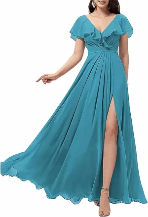 Flowing Ruffle Sleeves for Juniors Women Long Chiffon V-Neck Wedding Bridesmaid Dress High Slit Evening Gown Aqua Blue US10