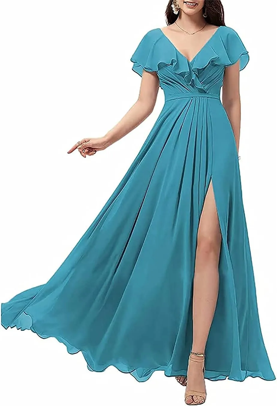 Flowing Ruffle Sleeves for Juniors Women Long Chiffon V-Neck Wedding Bridesmaid Dress High Slit Evening Gown Aqua Blue US10