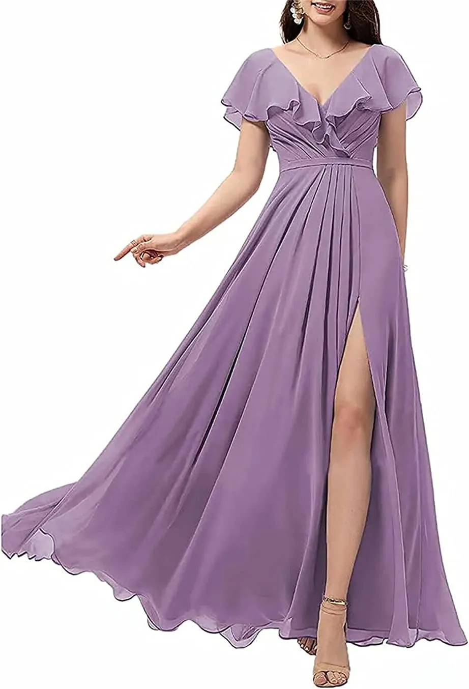 Flowing Ruffle Sleeves for Juniors Women Long Chiffon V-Neck Wedding Bridesmaid Dress High Slit Evening Gown Dusty Purple US8