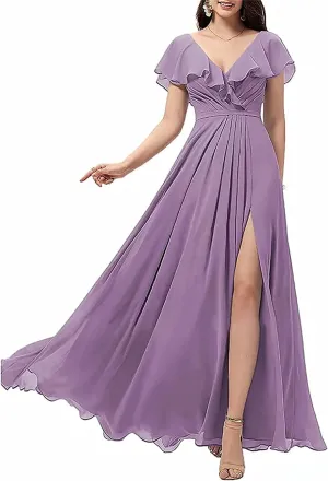 Flowing Ruffle Sleeves for Juniors Women Long Chiffon V-Neck Wedding Bridesmaid Dress High Slit Evening Gown Dusty Purple US8
