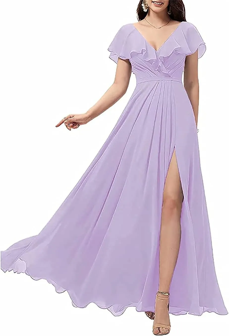 Flowing Ruffle Sleeves for Juniors Women Long Chiffon V-Neck Wedding Bridesmaid Dress High Slit Evening Gown Lilac US8
