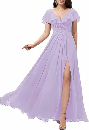 Flowing Ruffle Sleeves for Juniors Women Long Chiffon V-Neck Wedding Bridesmaid Dress High Slit Evening Gown Lilac US8