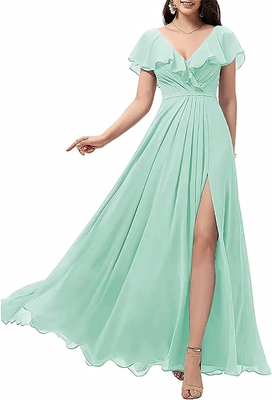 Flowing Ruffle Sleeves for Juniors Women Long Chiffon V-Neck Wedding Bridesmaid Dress High Slit Evening Gown Mint Green US8
