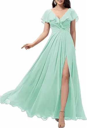 Flowing Ruffle Sleeves for Juniors Women Long Chiffon V-Neck Wedding Bridesmaid Dress High Slit Evening Gown Mint Green US8