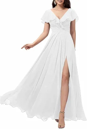 Flowing Ruffle Sleeves for Juniors Women Long Chiffon V-Neck Wedding Bridesmaid Dress High Slit Evening Gown White US10