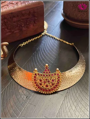 Fusion Neckpiece with Red stone temple pendant on a trendy Metal base