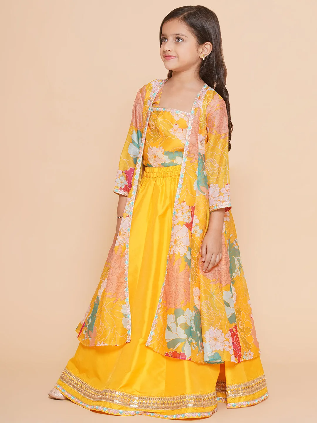 Girls Yellow Floral Print Top & Shrug With Ready to wear Skirts
