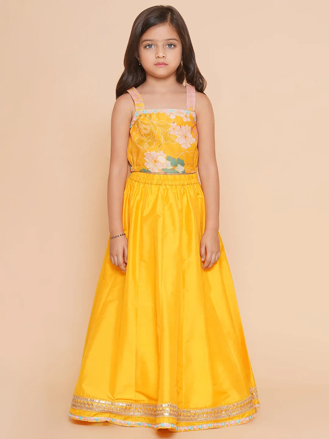 Girls Yellow Floral Print Top & Shrug With Ready to wear Skirts