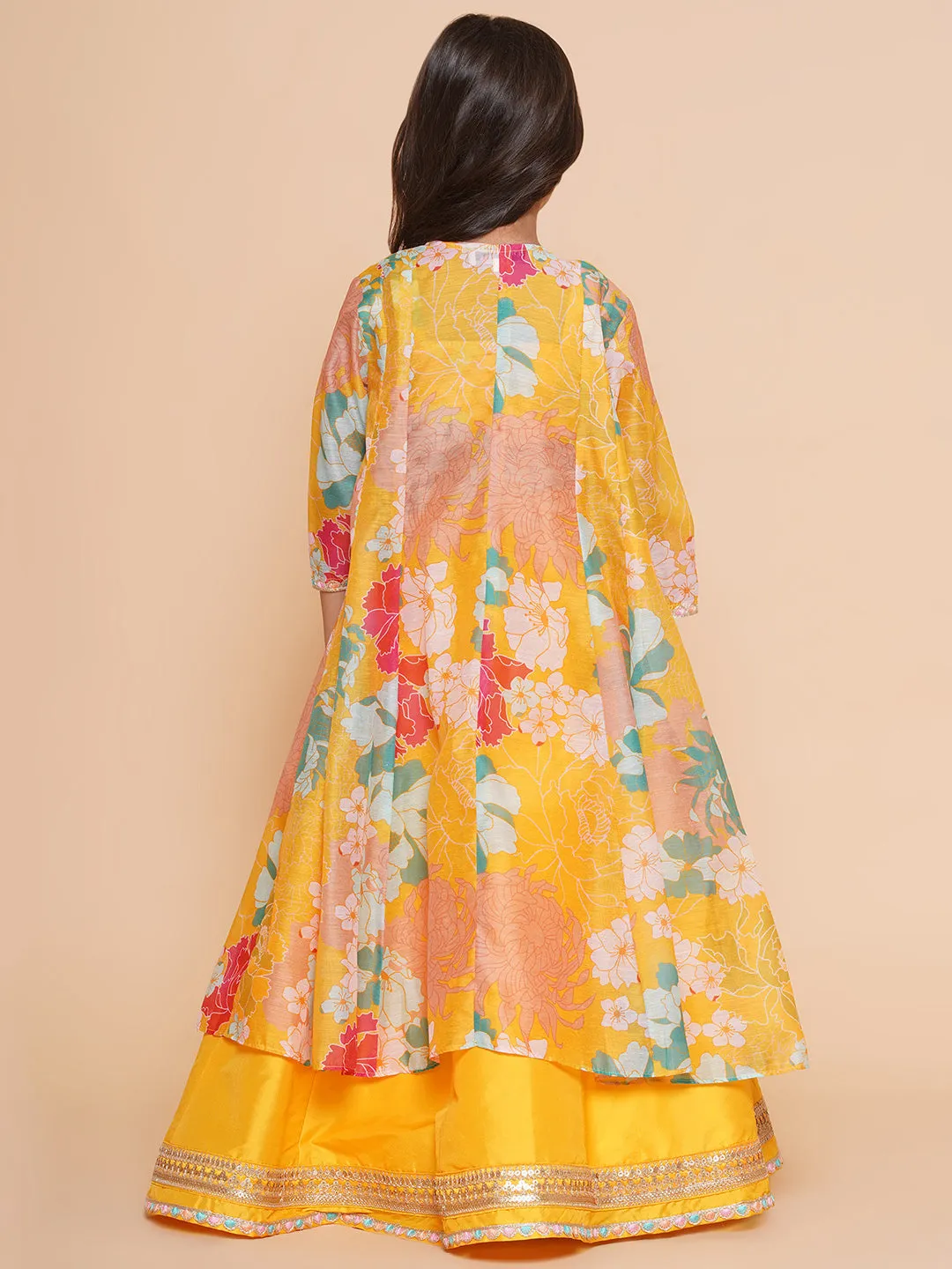 Girls Yellow Floral Print Top & Shrug With Ready to wear Skirts