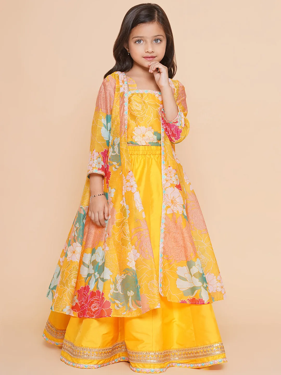 Girls Yellow Floral Print Top & Shrug With Ready to wear Skirts