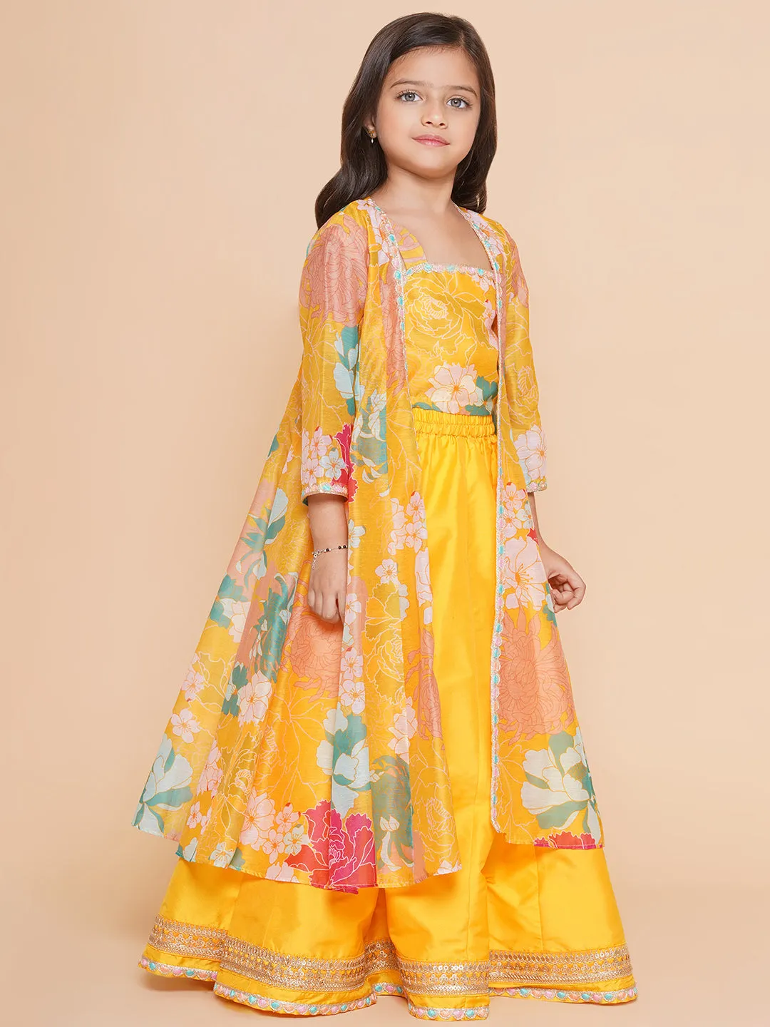 Girls Yellow Floral Print Top & Shrug With Ready to wear Skirts